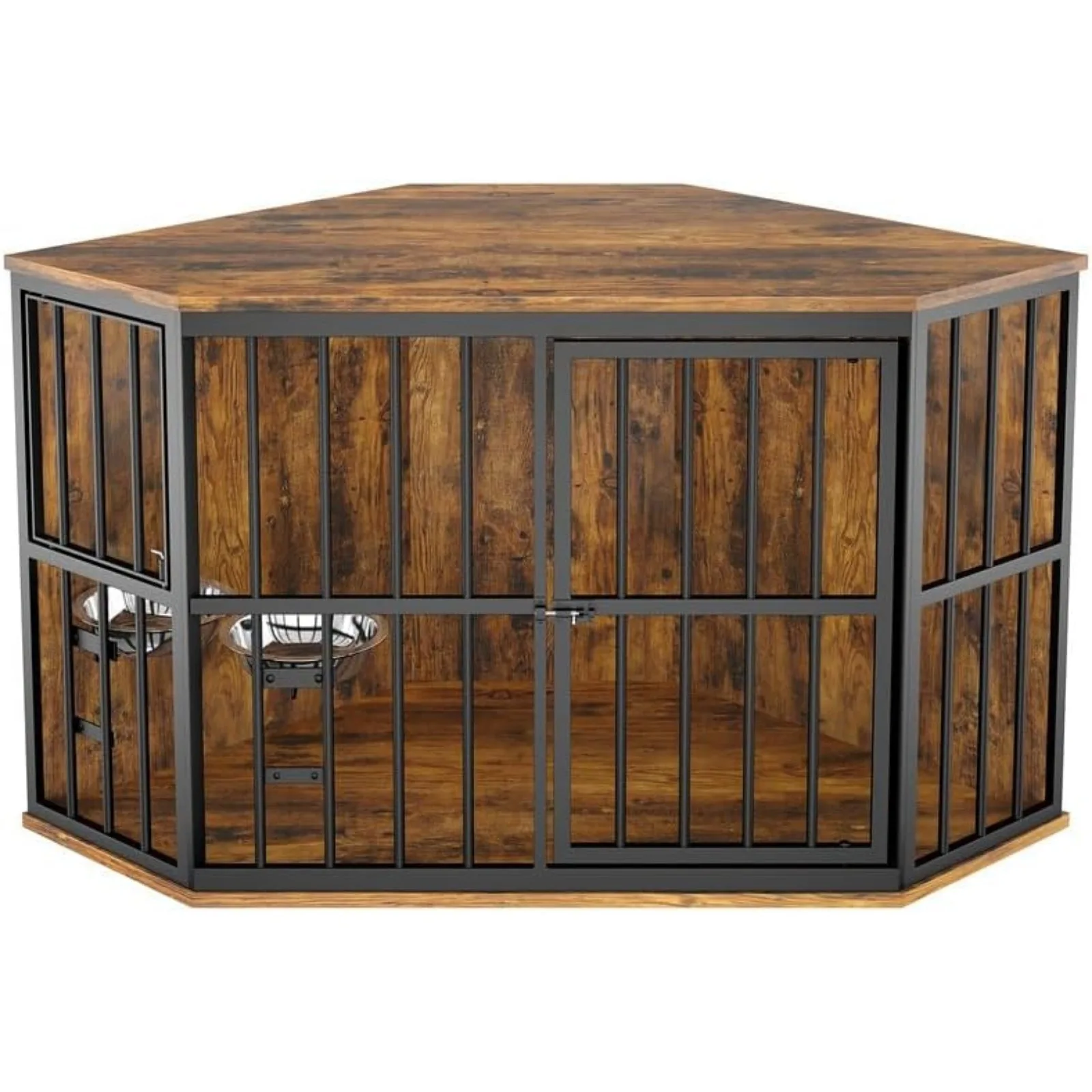 US 53 inch Furniture Dog Crate Corner, Dog Kennel Corner Wooden End Table with Bowl, Indoor Pet Crates Corner Side Table