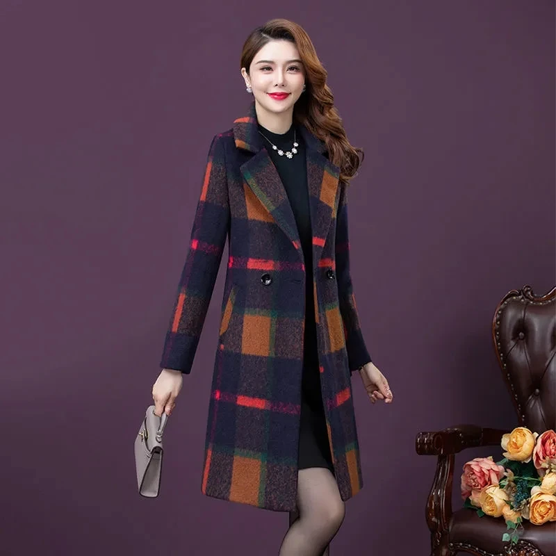 High Quality Women Woolen Coat Autumn Winter 2024 New Retro Plaid Elegant Mid-Length Slim Wool Outerwear Female Overcoat 5XL