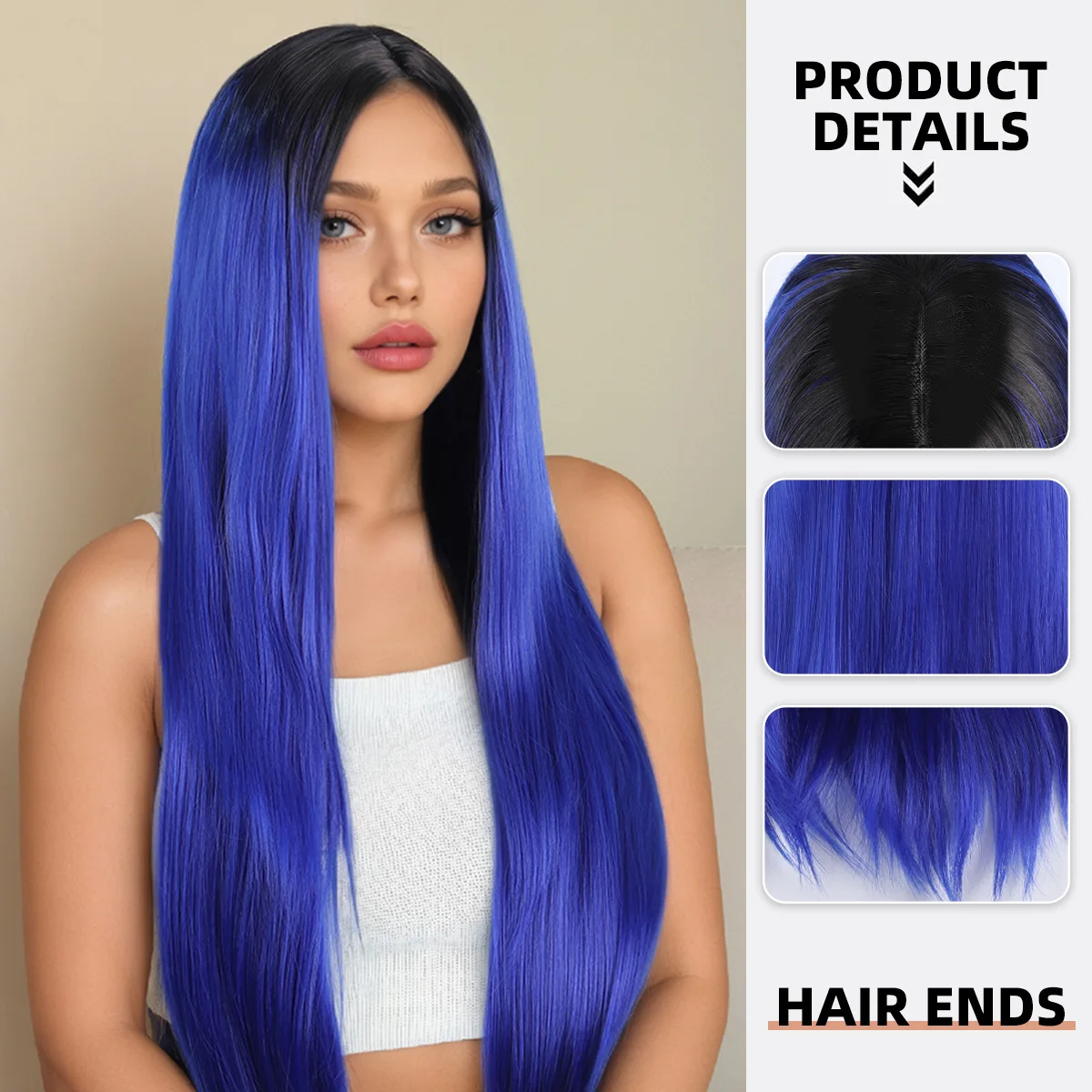European and American foreign trade wig fashionable women's deep blue gradient long straight hair-Synthetic fiber wig