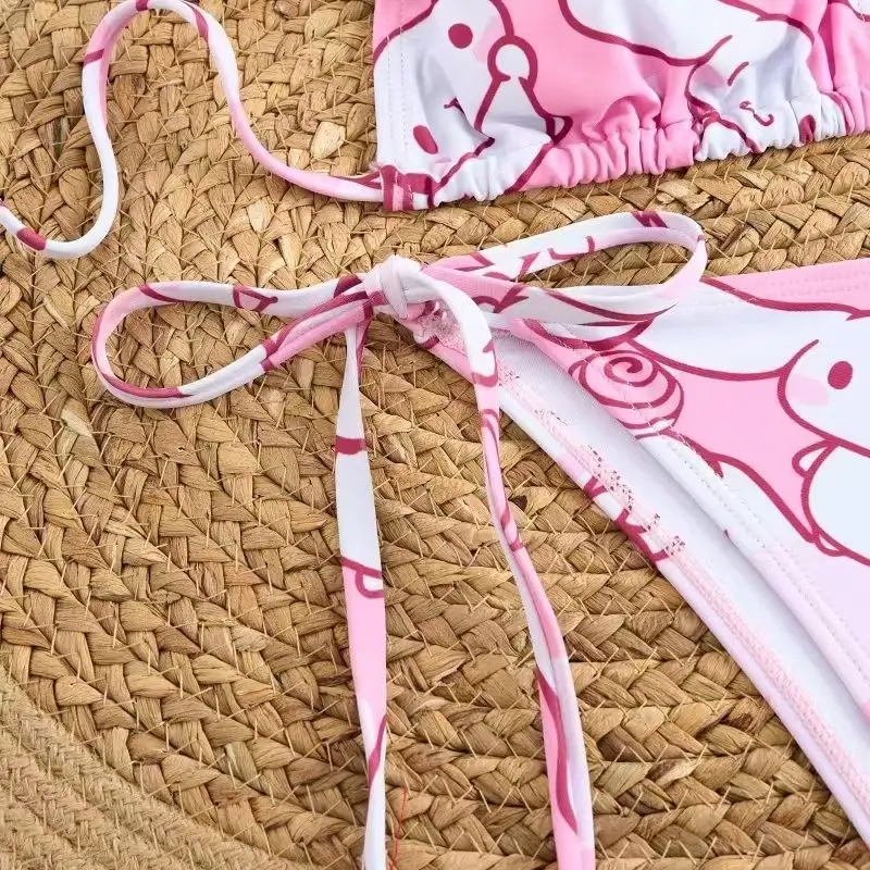 2Pcs Cartoon Cinnamoroll Print Bikini Set Women Pink White Halter Triangle Swimsuit Tie Side Two-Piece Bathing Suit Beachwear view 6