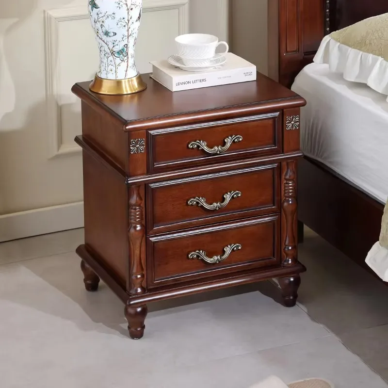 Solid Mahogany Wood Three Drawers Metal Handle High Quality Pretty Painting Beside Tables Nightstands Bedrooms Furniture