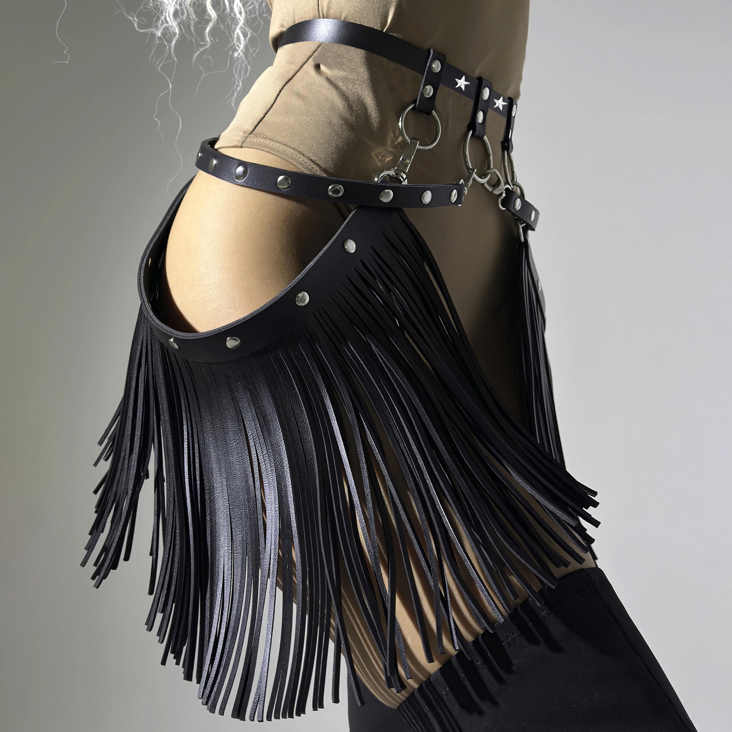 

Women Sexy Harness Belt Denim printed black Tassels Short Leather Skirt Leather Punk Gothic Fetish Clothing Festival Rave Outfit