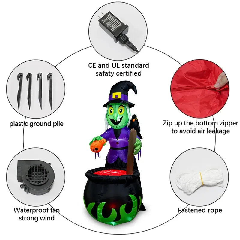 1.8m Halloween Inflatable Witch with Crow and Cauldron Standing Outdoor Yard Decoration Scary Atmosphere Prop for Party
