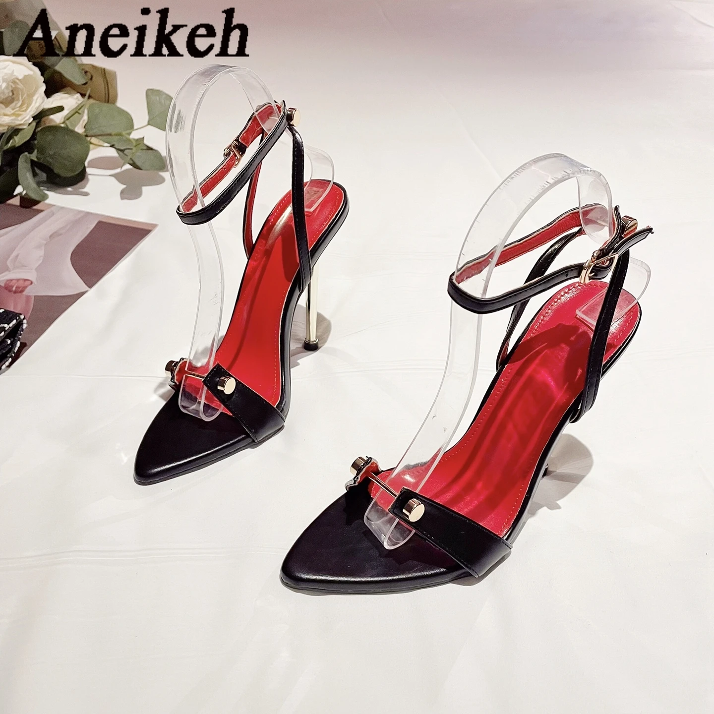 Aneikeh Fashion Pointed Toe High Heels Designer Sandals Thin Heel Metal T-Head Rivet Stripe Narrow Band Ankle Strap Sandalia