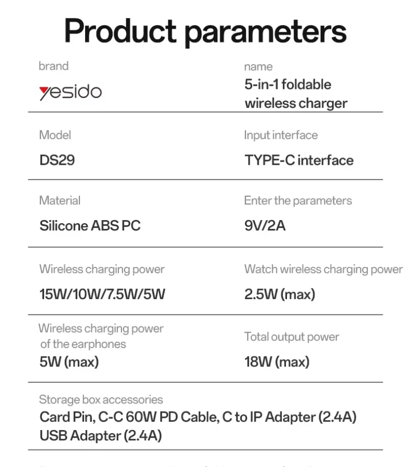 Yesido سماعات أذن للهاتف 5 في 1 شاحن لاسلكي مناسب للشحن اللاسلكي Android 15/16/17