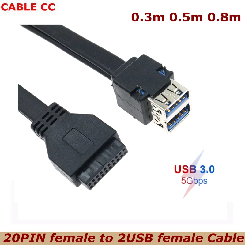 0.3m 0.5m 0.8m USB3.0 Front Panel Cable 19 pin 20 pin to Double Layer 2-port USB Female Data Cable With Pins for DIY Chassis
