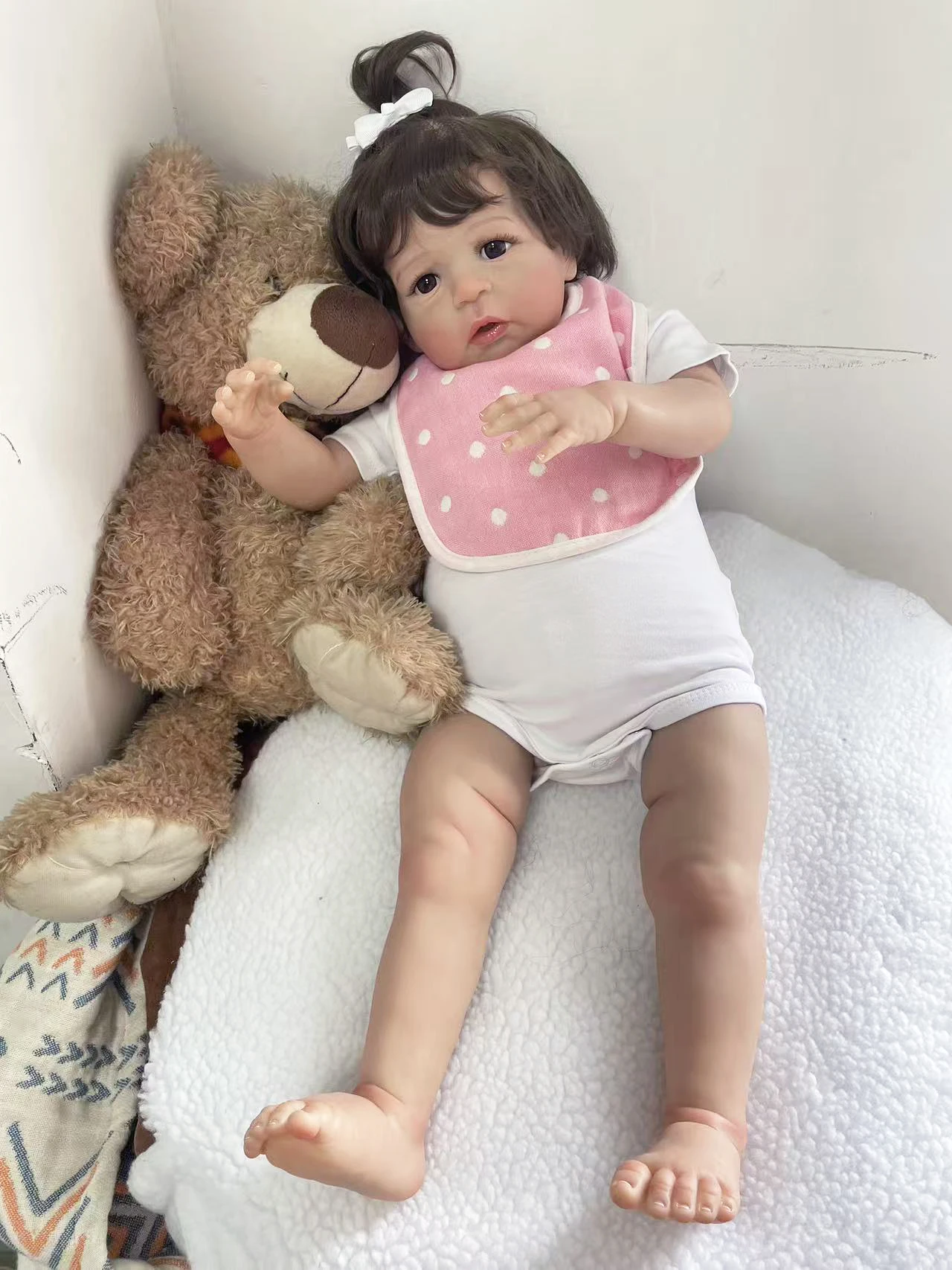 24Inch Multiple Layers Painting Skin With Hand Rooted Hair Wearing Pink Bib And White Short Sleeved Jumpsuit Sandie Reborn Doll