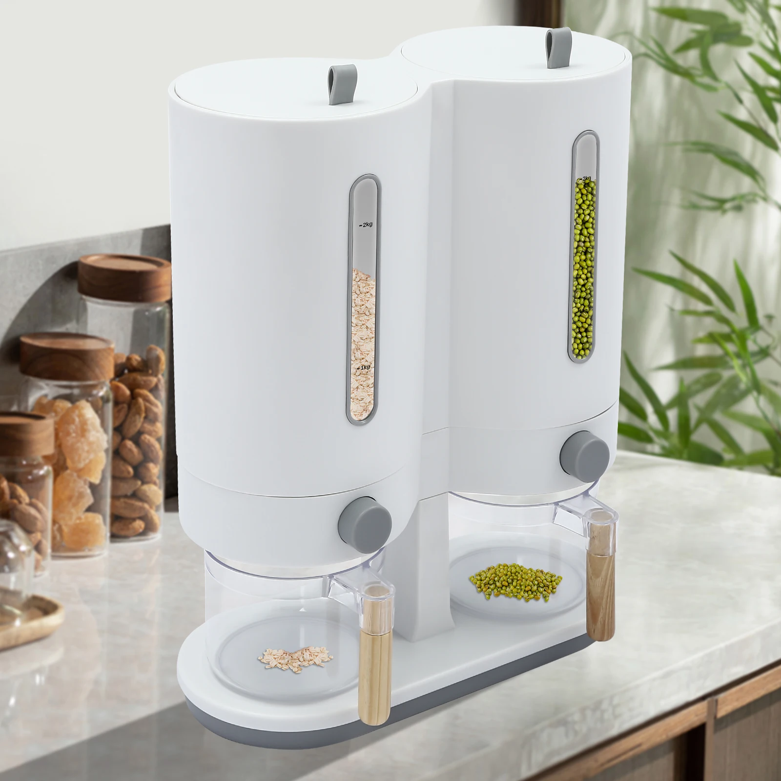 

Двойной дозатор зерна с двумя мерными стаканами, дозатором для хлопьев, контейнером для хранения продуктов для зерна, проса, ячменя (белый + серый)