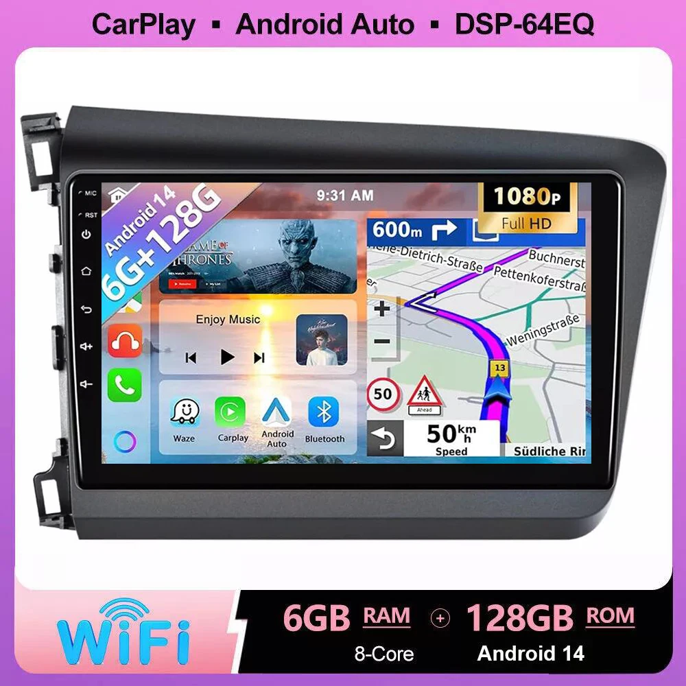 

8G+128G Car Multimedia Radio Player 9 inch GPS Navi For Honda Civic 2012-2014 2015 Android 14 BT DSP Stereo Wireless CarPlay