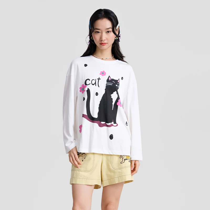 MOVEUP Women's Cat Flower Printing Long Sleeve T-Shirt 2026 Autumn Cotton Crew Neck Tops Casual Loose Tees Office Lady 3ELC10561 view 4