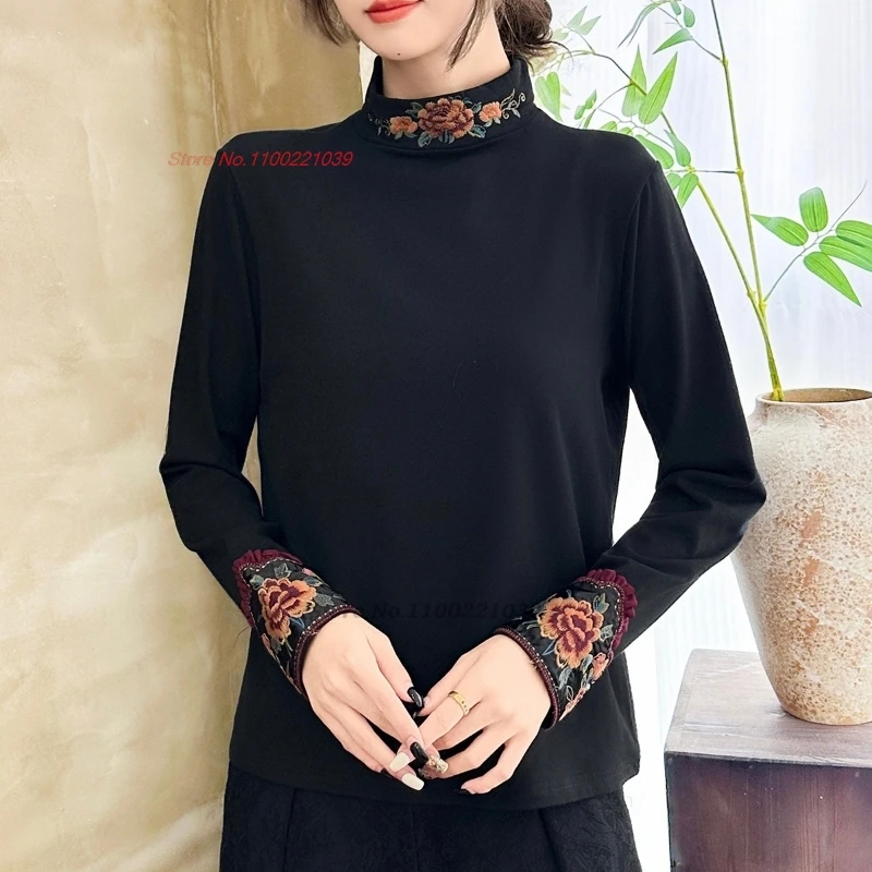 

2025 chinese traditional hanfu tops fleece lined folk shirt retro flower embroidery vintage shirt ethnic base shirt streetwear