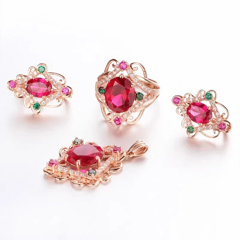 Fashionable luxury inlaid color crystal rhombus Jewelry Sets 585 purple gold ruby Earrings for Women rings plating 14K rose gold