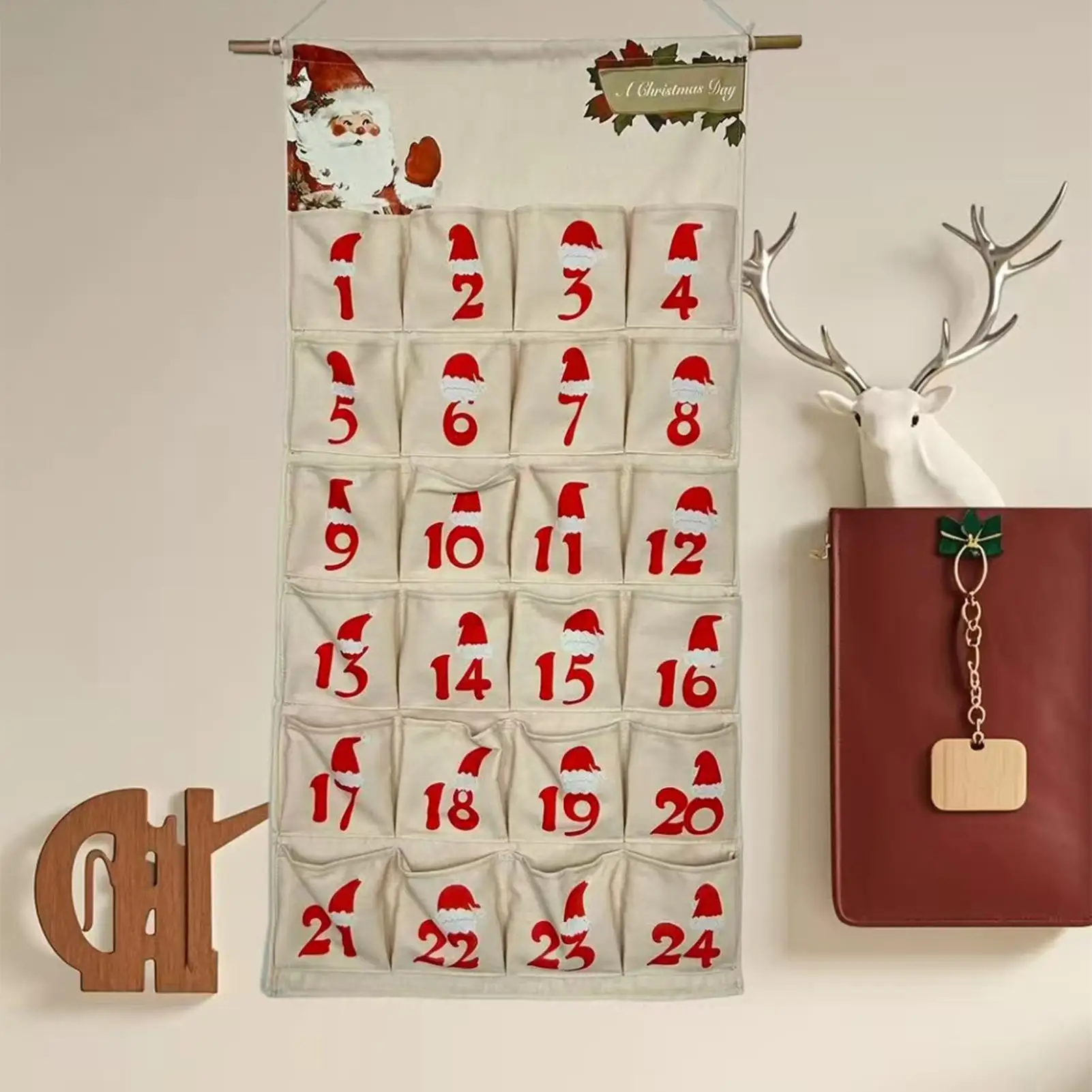 24-Days Hangable Christmas Calendar Advent with Pockets Wall Organizer Countdown for Home Office Door Mantel
