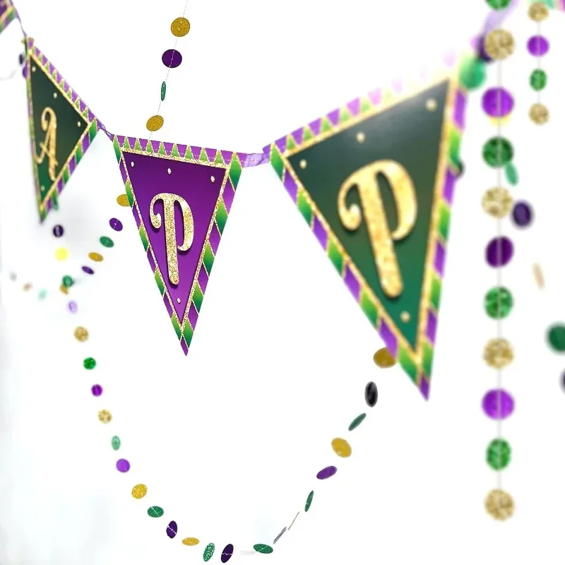 Green Purple Gold Happy Birthday Pennant Banner Paper Bead Garland Backdrop for Mardi Gars Birthday Party Decorations Supplies