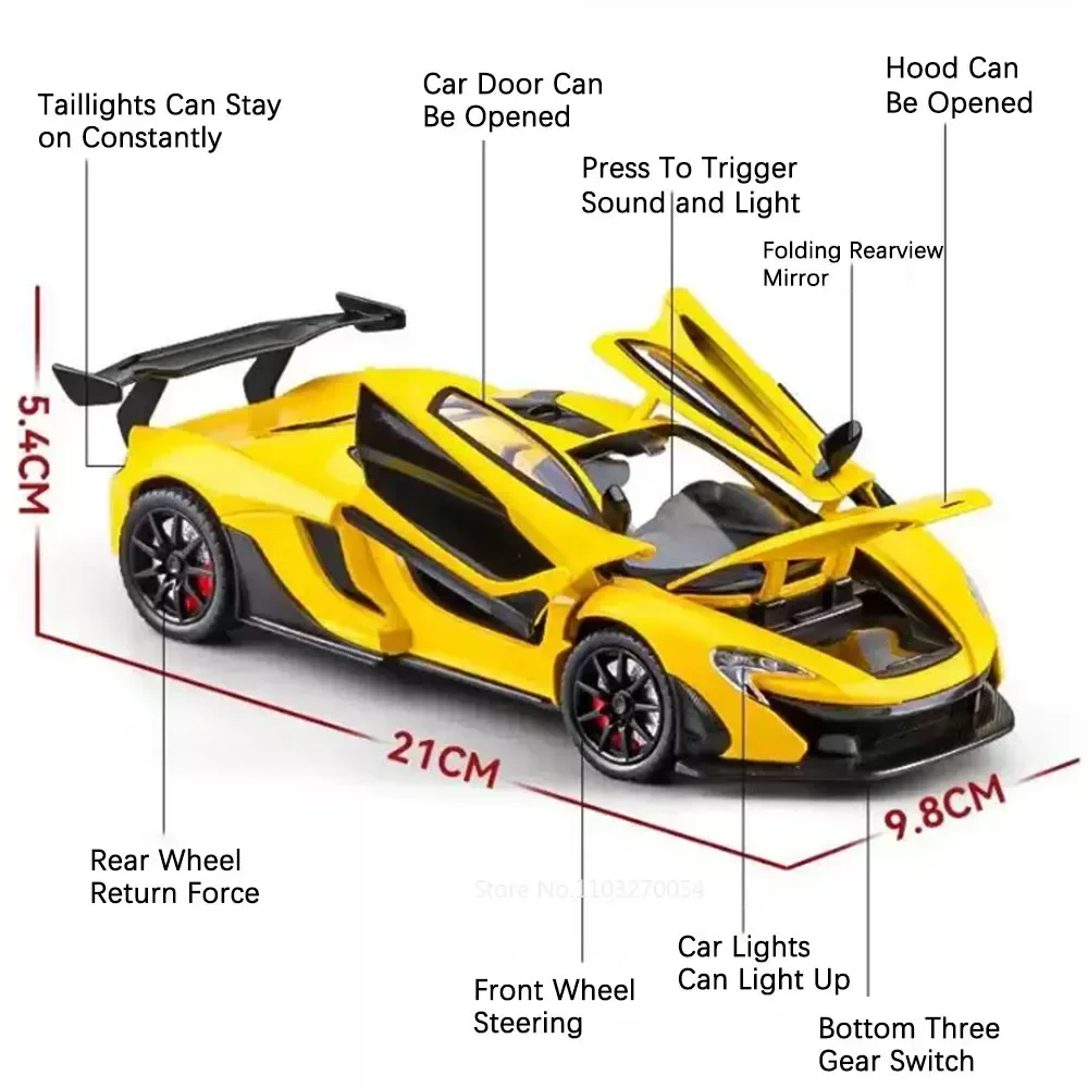 1:24 MCL P1 Toy Car Alloy Models Diecast Metal Supercar Sound Light Pull Back Doors Opened Miniature Model Boy\'s Birthday Gifts