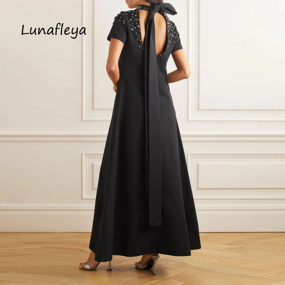 LUNAFLEYA High Neck Crepe Satin Evening Dress Fashion Customized Sequined Rhinestones 2024 Black Wedding Party Gowns For Women