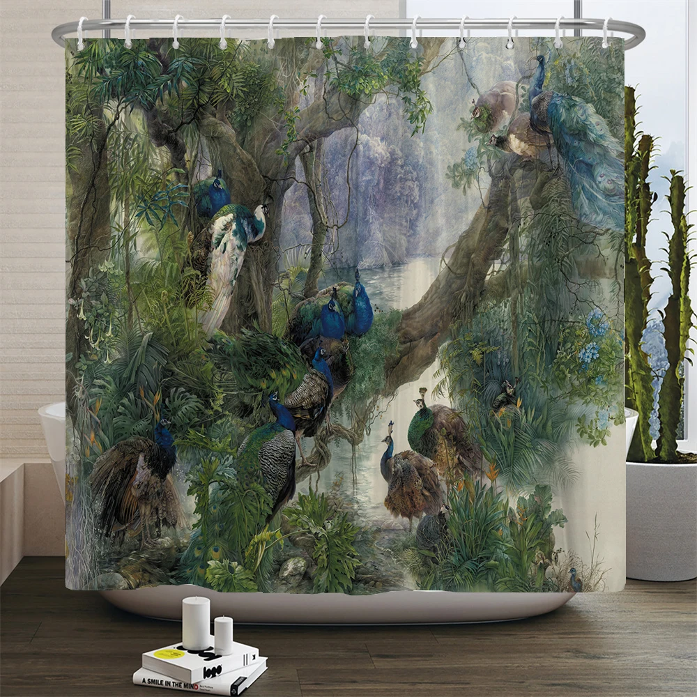 Flower-bird Peacock Waterproof Polyester Shower Curtain with Hooks For Bathtub Bathroom Screen Home Decor Large Size Wall Cloth