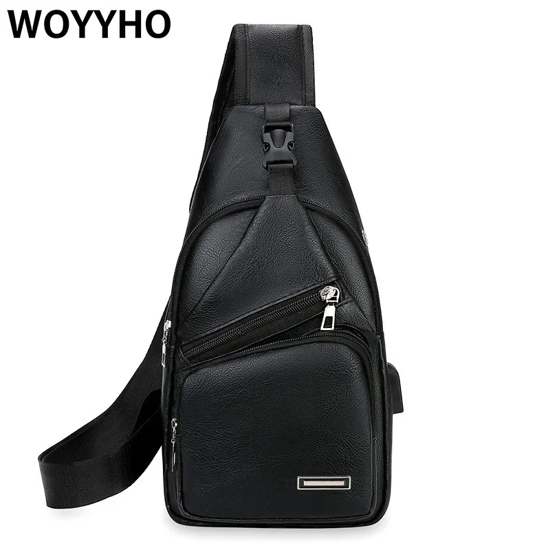 WOYYHO Leather Bags for Men, Diagonal Bag with USB Charging Port, PU Chest Bag, Light Weighted Single Shoulder Bags