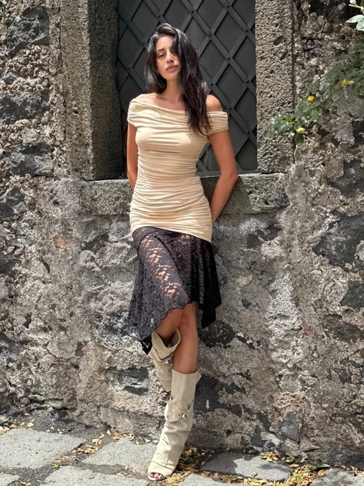 

Женское лоскутное платье Fantoye, облегающее Прозрачное платье цвета хаки без рукавов с открытыми плечами и рюшами, элегантная Клубная одежда на лето