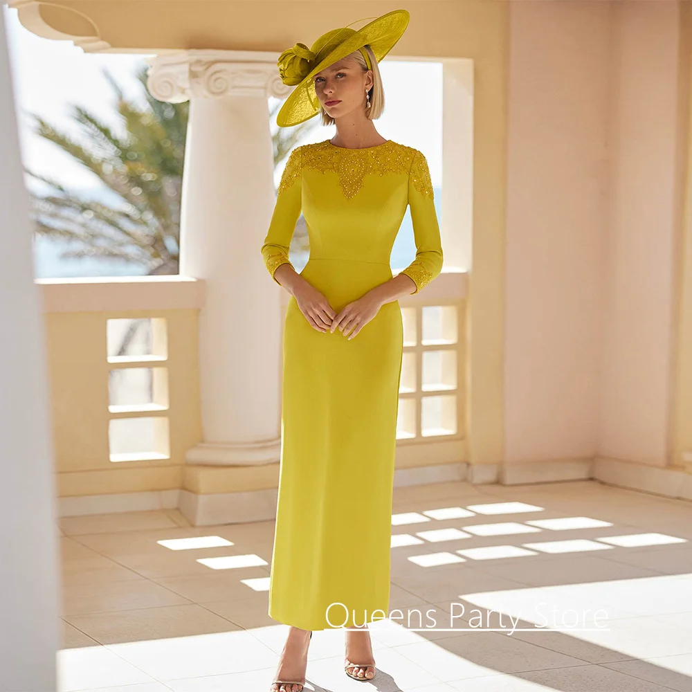 

New Mother Of The Bride Dress Customized Round Neck 3/4 Sleeves Beadings Applique Sheath Wedding Guest Gown for Mom of Groom