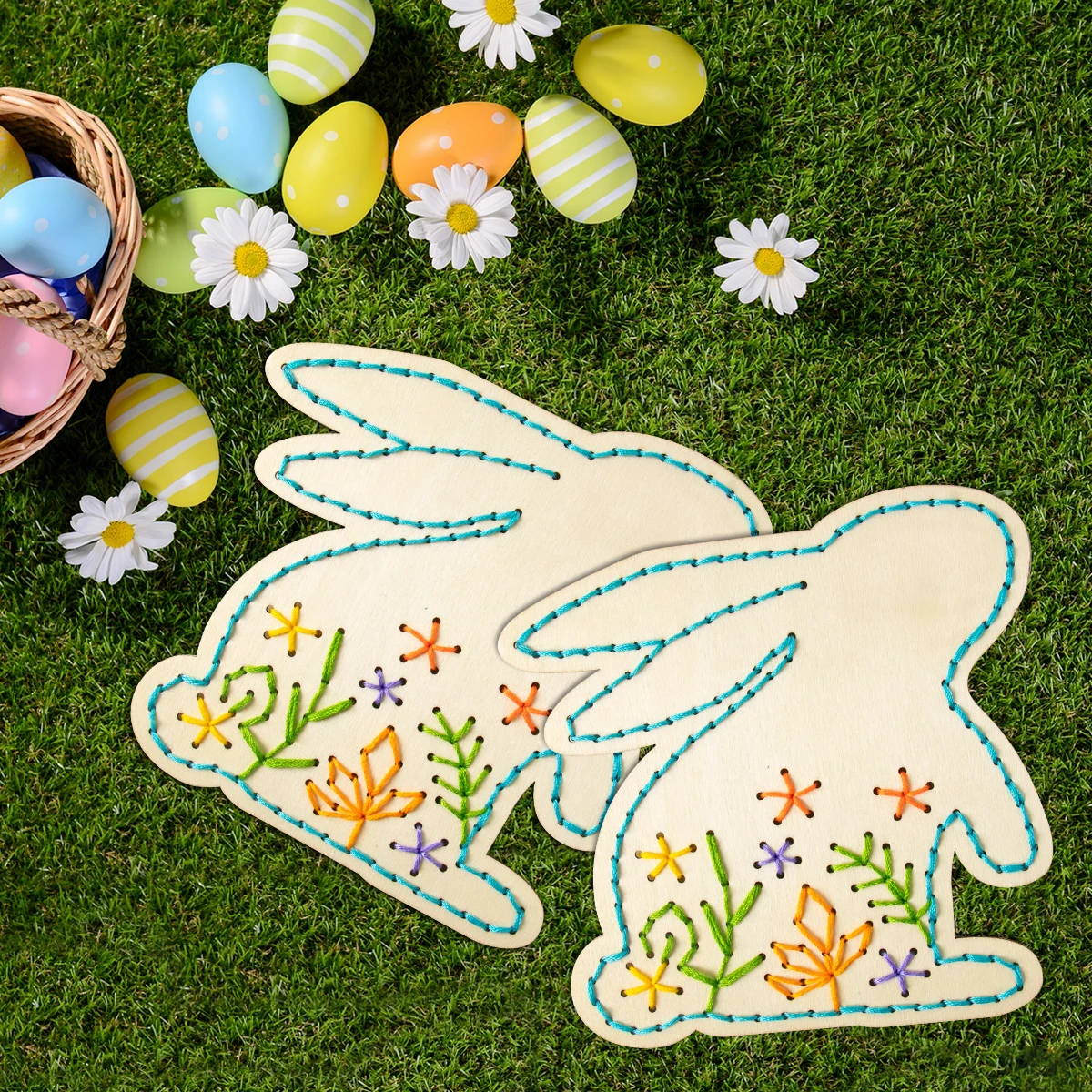 Easter Wooden Cross Stitch Kit DIY Easter Bunny Egg Wood Ornament Hanging Decor Easter Party for Kids Arts Crafts Activity Party