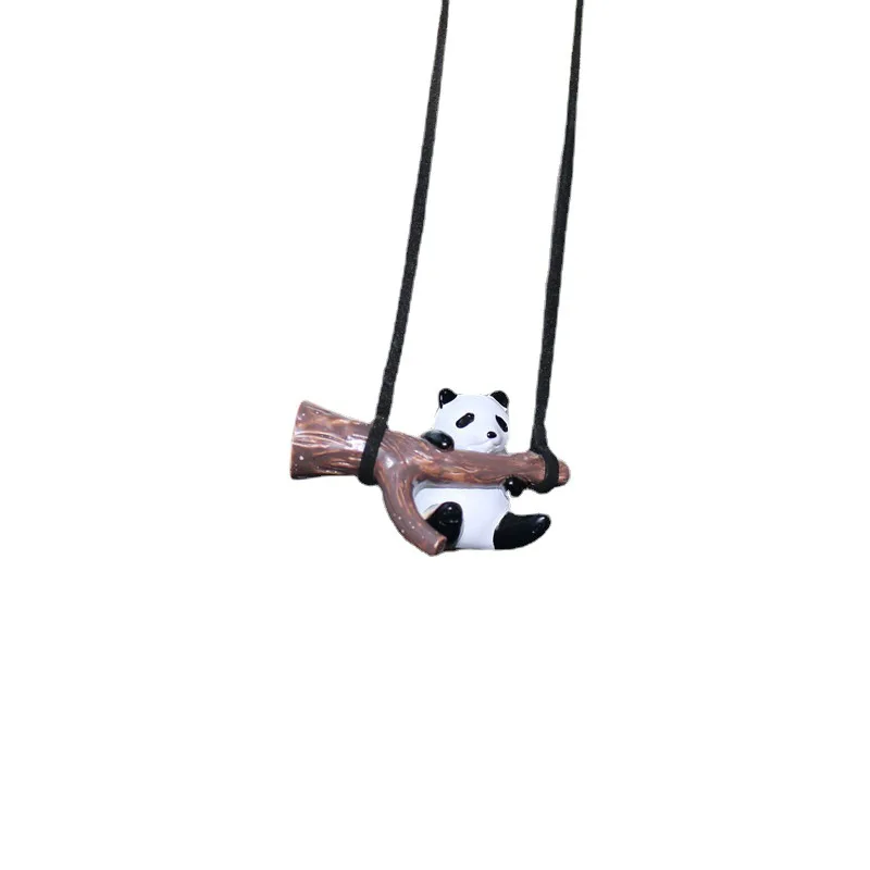 Cute Panda Swing Rearview Ornament Creative  Tree Branch Rearview Glass  Ornament For Car Women Girls Fun Backpack Pendants