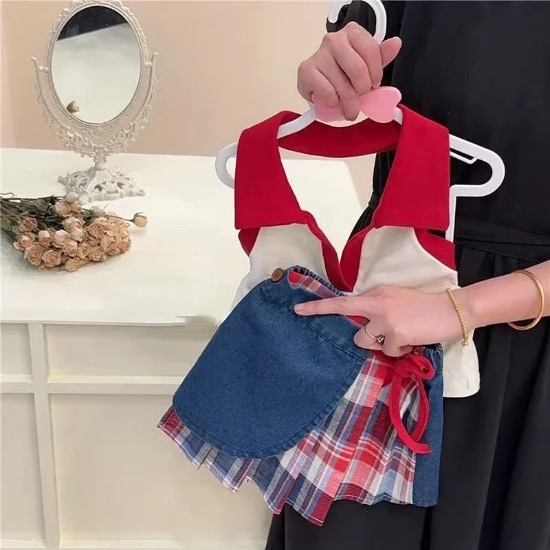 Fashion Kids Children Casual 2pcs Clothes 2025 Girls Baby Summer Clothing Set Backless Tops Shirts+plaid Denim Skirts