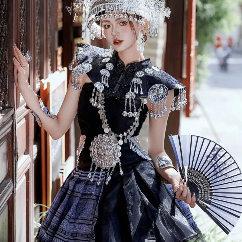 Kostium etniczny: Czarna suknia wieczorowa dla kobiet w stylu ciasta, kostium fotograficzny