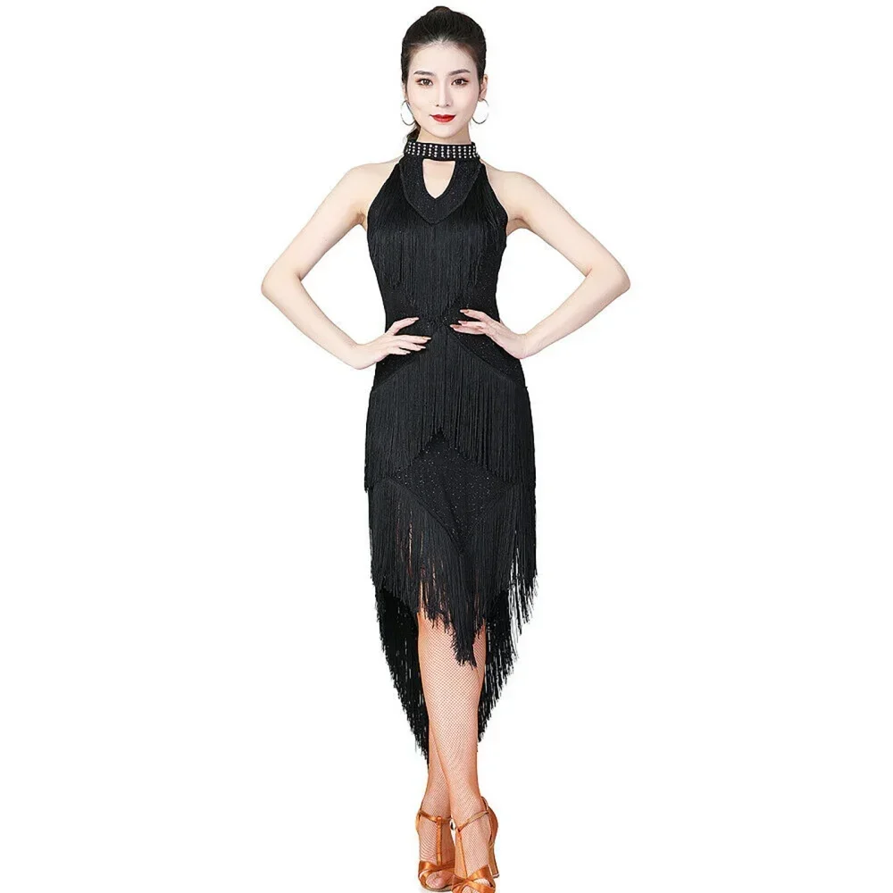 Dazzling  Dance Salsa Samba Clothes For Women High Neck  Fringes Latin Dresses Sleeveless Irregular Long Dress with Necklace