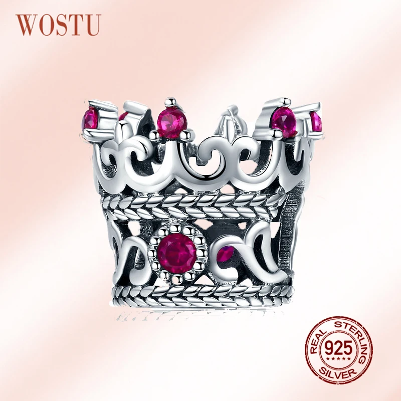 WOSTU 100% 925 スターリングシルバー女王の王冠ピンク CZ ビーズチャームフィットオリジナルブレスレット & ネックレス女性のファッションジュエリー CQC776