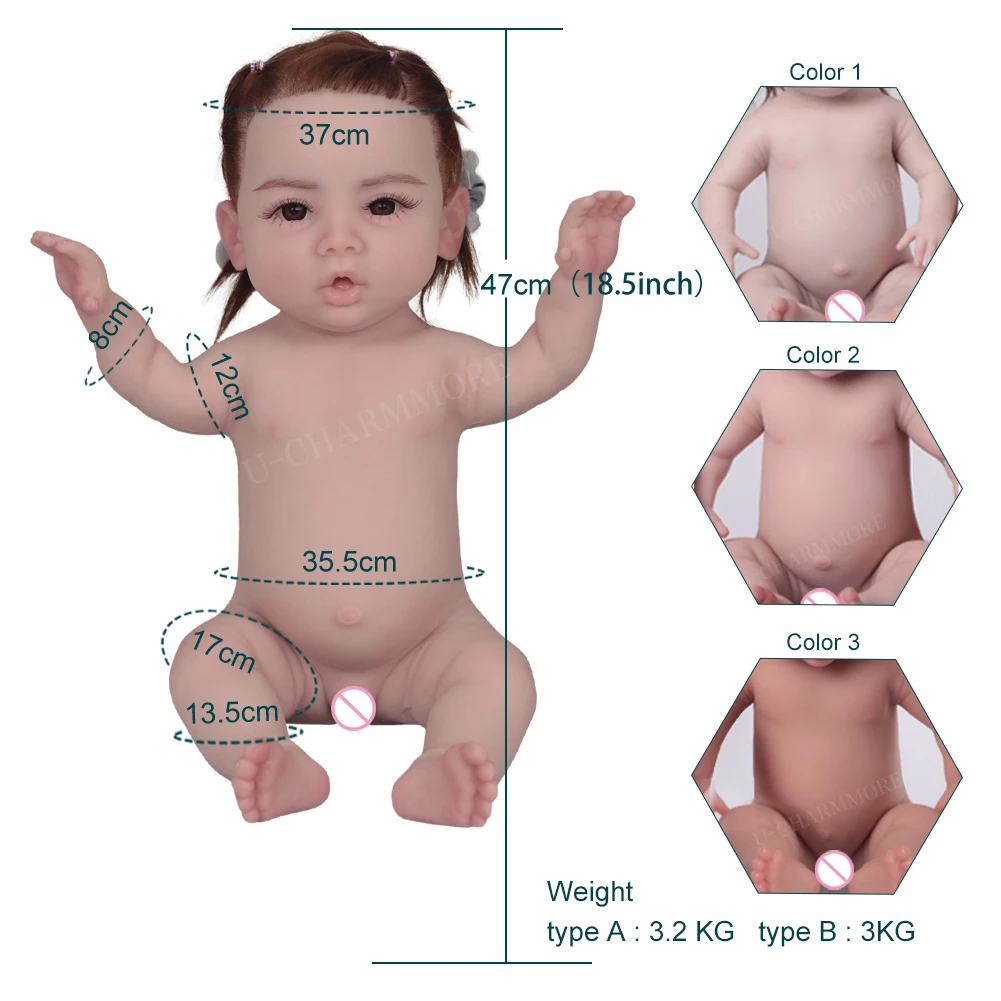 U-Charmmore-Boneca Renascida de Silicone Corpo Inteiro, Bonecas Realistas para Crianças, Brinquedos de Presente, 47cm, 2.8kg