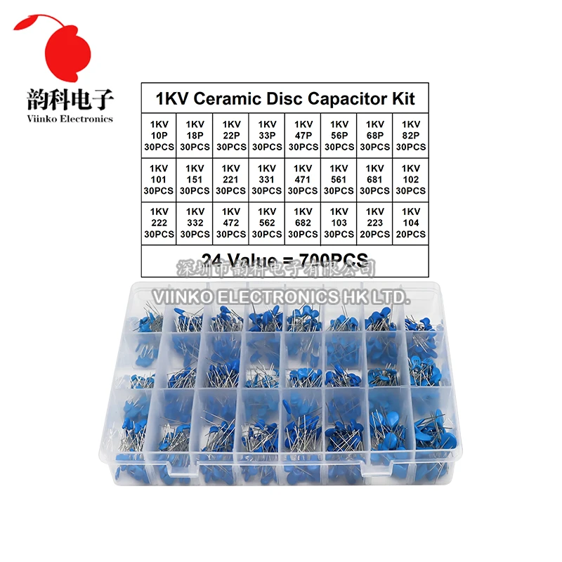 700pcs 1KV 1000V High Voltage Ceramic Capacitor Kit 10PF-100NF 24Values Capacitance Assorted Set Sample Pack