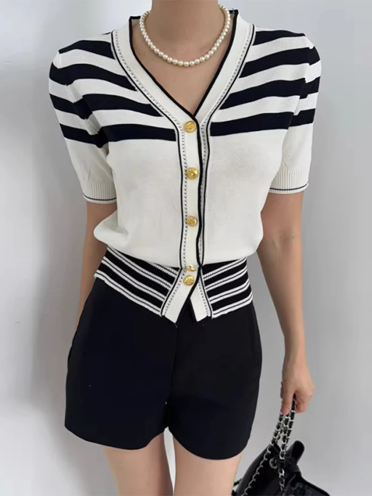 

Liangliang Home Small Fraance Sle Metal Single Button Striped Knitted Cardigan Women's Summer New Vintage Color Blo Top