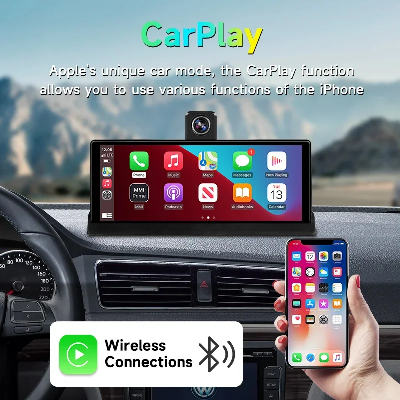 Cámara de salpicadero 4K de 10,26'' 360 ° Lente giratoria coche DVR inalámbrico Carplay Android Auto GPS navegación grabadora de vídeo tablero FM AUX