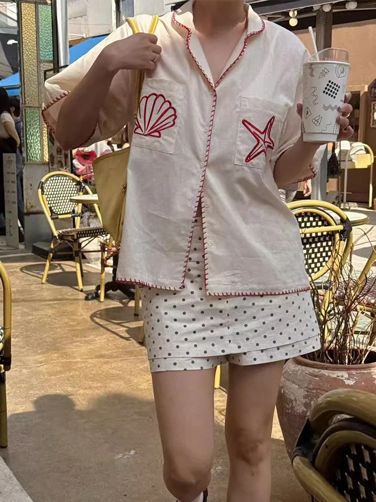 

Clothland Women Elegant Embroidery Loose Blouse Short Sleeve Oversized Style Shirt Female Casual Fashion Tops Mujer DA612