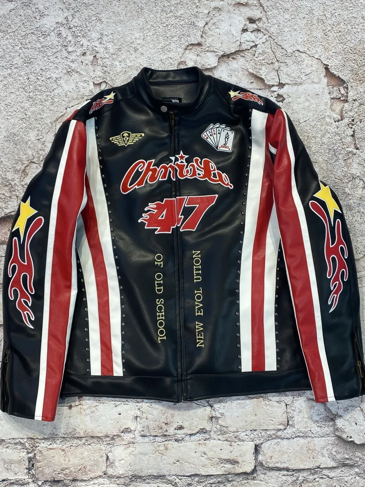 

Heavyweight Letter Embroidery Jaet Men's Women's Racing Jaet Outerwear Faionable Motorcycle Clothes Stri Splicing