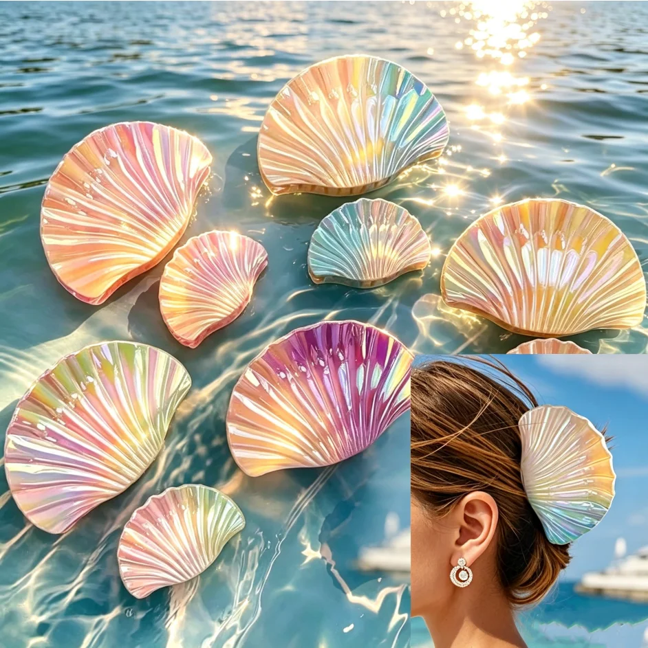 Gradient Shell Hair Claw Clip Ocean Theme Summer Vacation Style Shark Hair Clip Women Holiday Hair Accessories