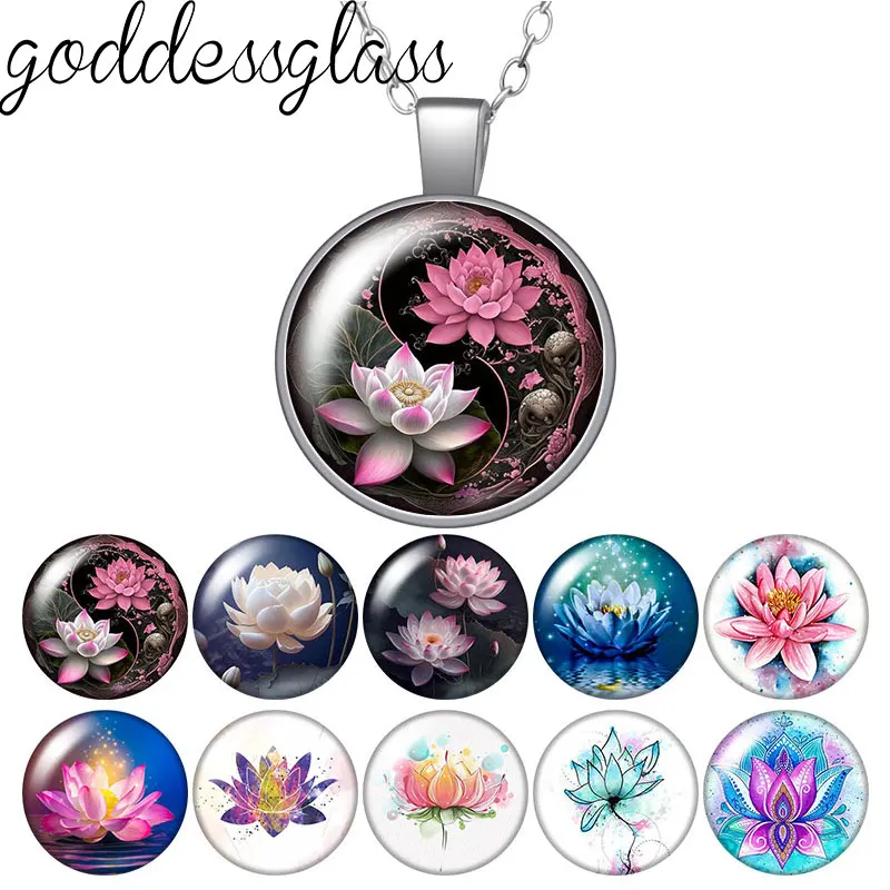 Beauty Lotus Flowers Patterns Photo Round Glass cabochon necklace keychain brooch pin Aromatherapy car clips Custom jewelry