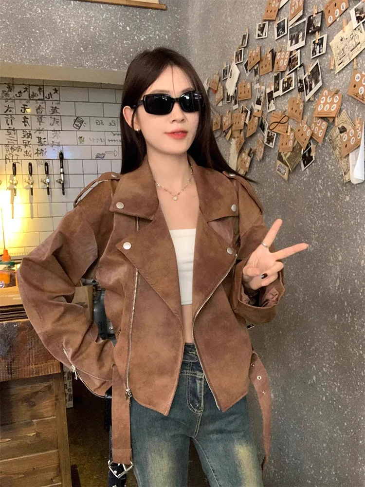 Chaqueta de ante sintético de gran tamaño para mujer, abrigo de manga larga con solapa y cremallera, prendas de vestir marrones Vintage, ropa de calle de moda para señora nueva 2025