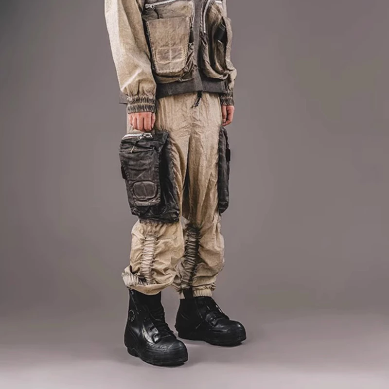 

Worn Looking Washed-out Wasteland Style Clothes Woman Techwear Big Pocket Drawstring Cargo Pants Motorcycle Biker Men's Trousers