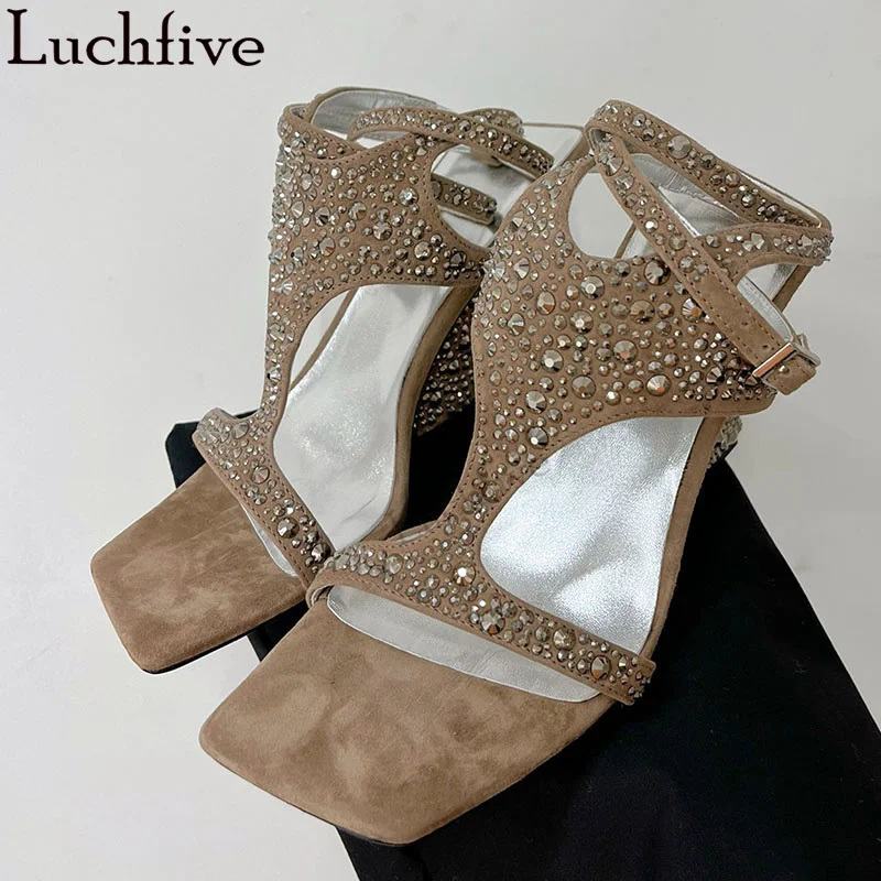 

Luxury Sexy Rhinestone Wedges Heel Shoes Women Suede Square toe Ankle Buckle Crystal Pumps female Summer Formal Prom Party Shoes