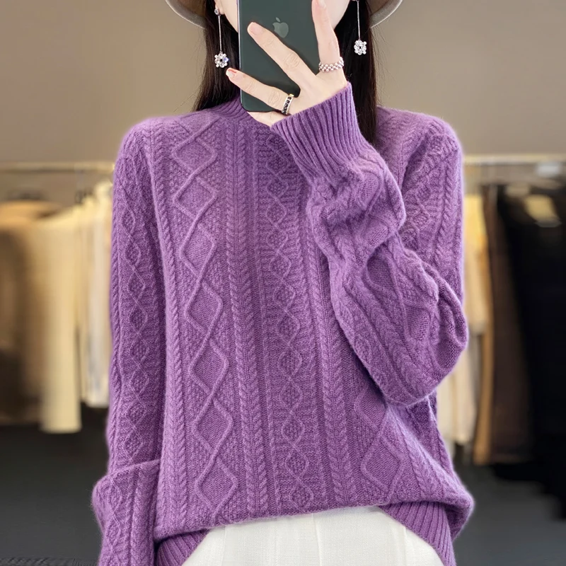 New 100% merino wool cashmere sweater in autumn and winter Women\'s Sweater Twisted Thickened High-necked Long-sleeved Warm Top