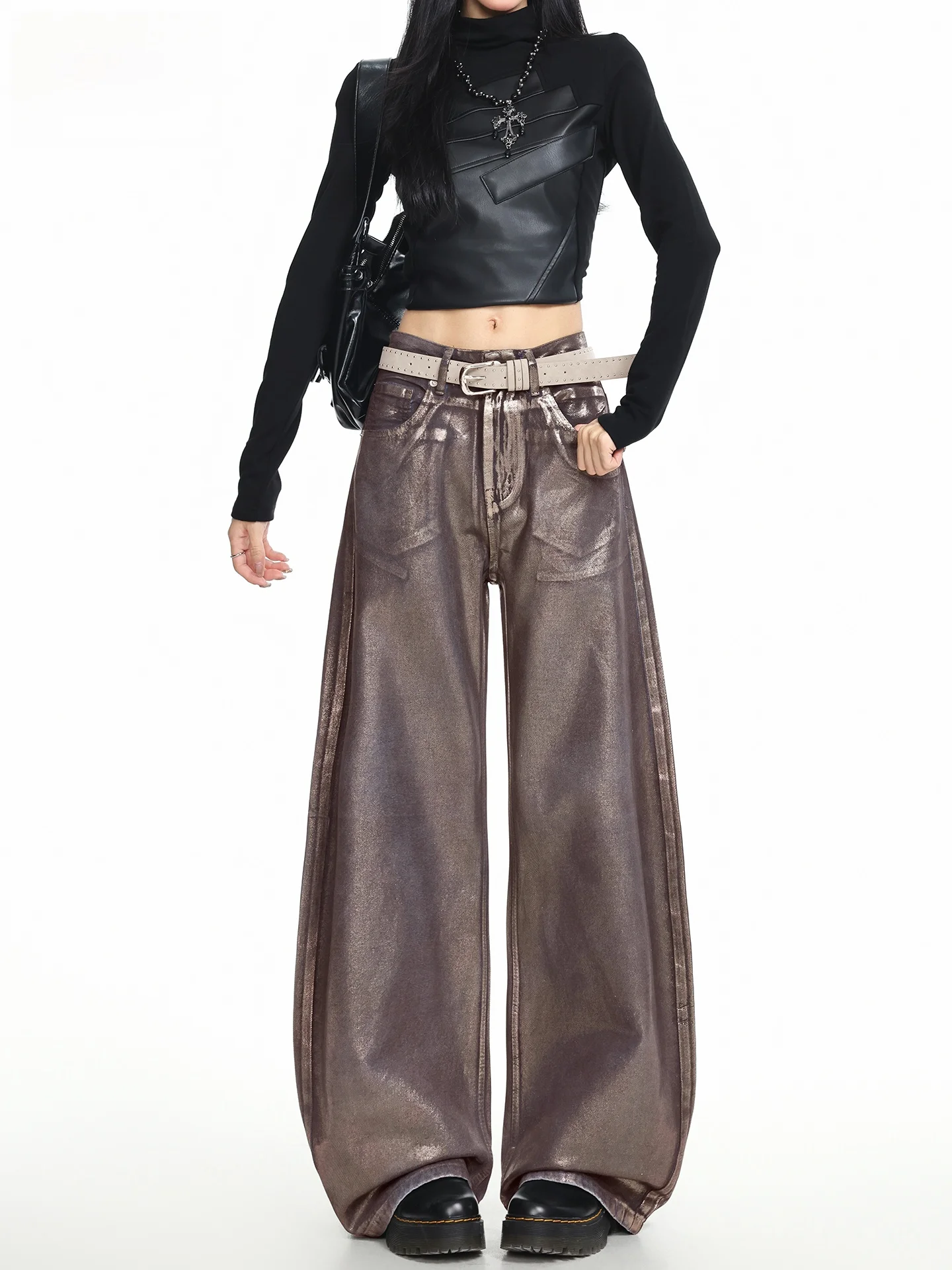 

Американские джинсы с высокой талией, свободные, прямого кроя, женские, новинка 2026 года, летние, с эффектом потертости, серебристые, повседневные, из хлопкового денима