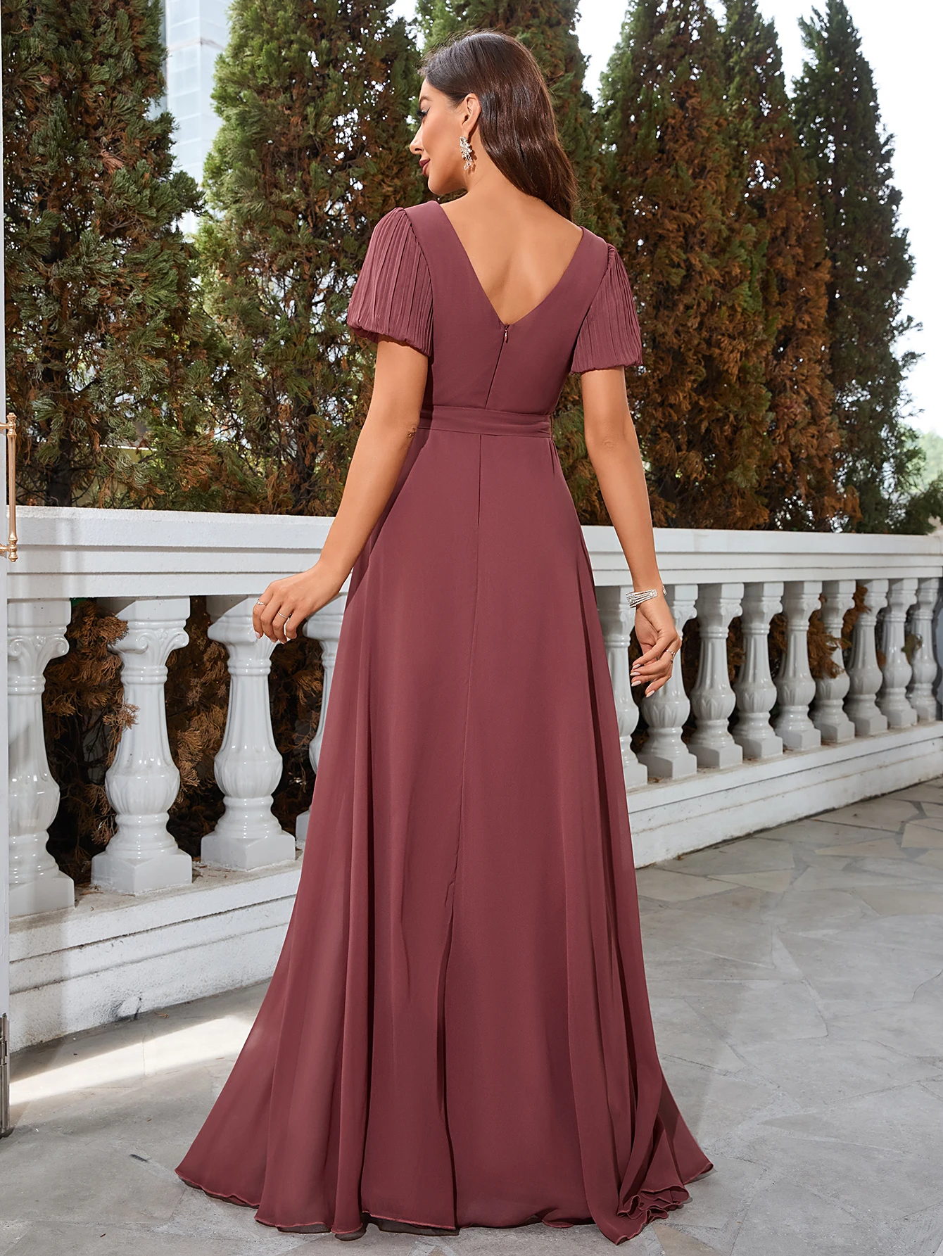 Unithorse Short Sleeve Ruched Bust Belt Decorated Chiifon Bridesmaid Dress