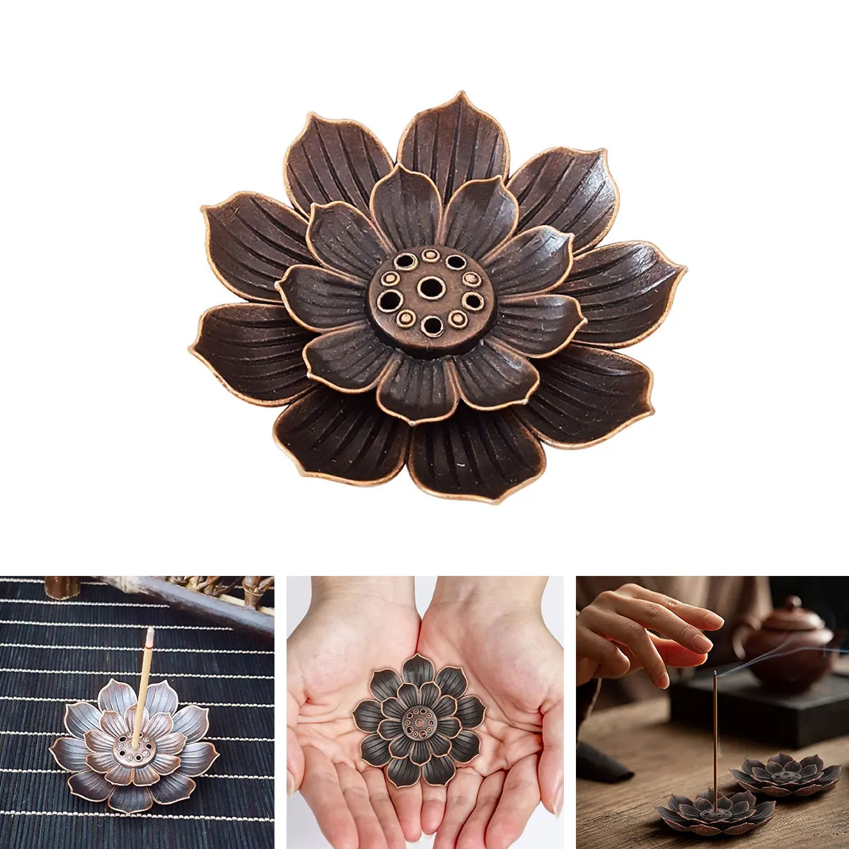 Zen Red Copper Lotus Three Treasures Thread Incense Tray  Tea Ceremony Multi Hole Lotus Incense Burner Stick Incense Burner