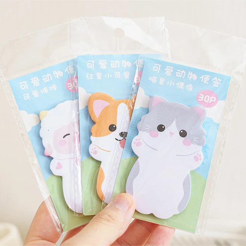 Especial-Shaped Animais Memo Pad, Sticky Notes, Caderno bonito, Papelaria Kawaii Cartoon, Material Escolar, Tendência Adorável, 30pcs