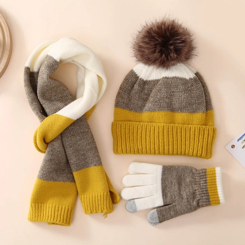 Gorro malha quente inverno infantil, cachecol luvas forradas lã para meninos meninas