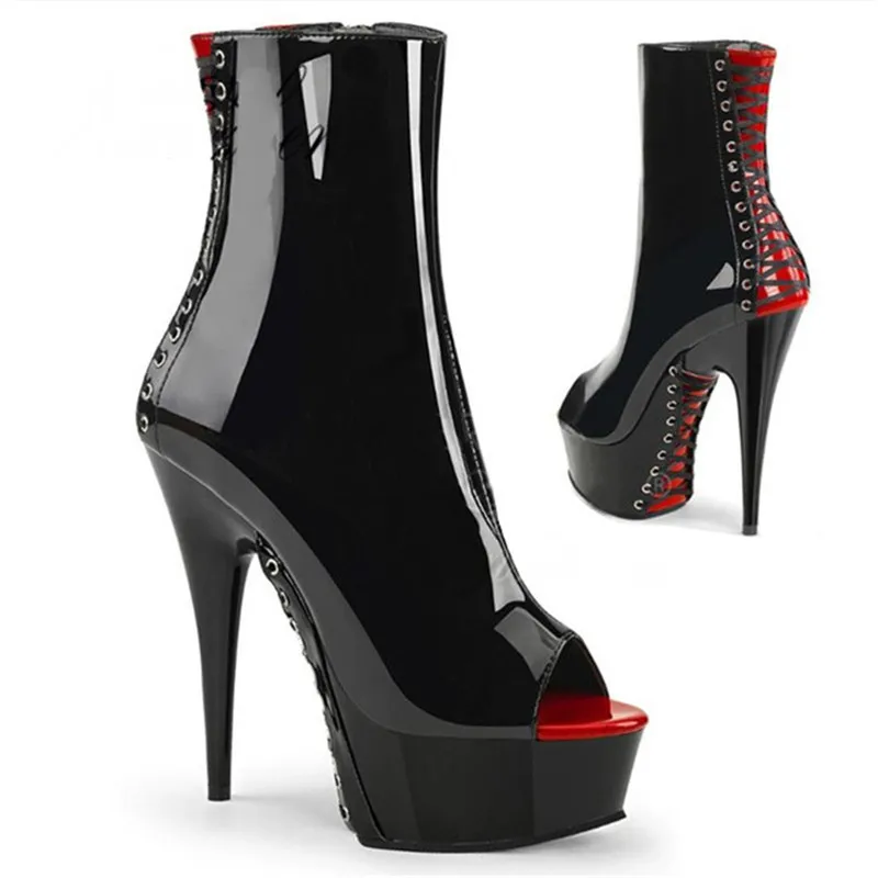 Matte black 15 cm sexy heels, 6 inch model stilettos, fish mouth zipper openings, pole dancing performance ankle dance shoes