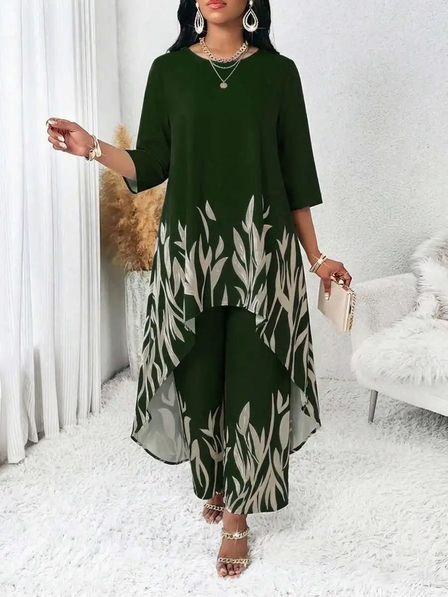 

Womens Asymmetrical Leaf-Printed Two-Piece Set With Round Neck Top And Wide Leg Pants
