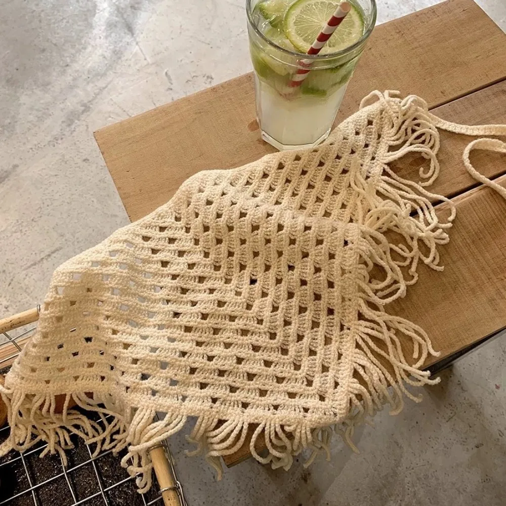 New Adjustable Hollow-Out Mini Skirt Hand-knitting Fringe Trim Triangle Scarf Y2K Streetwear Waist Hip Wrap Women Fashion